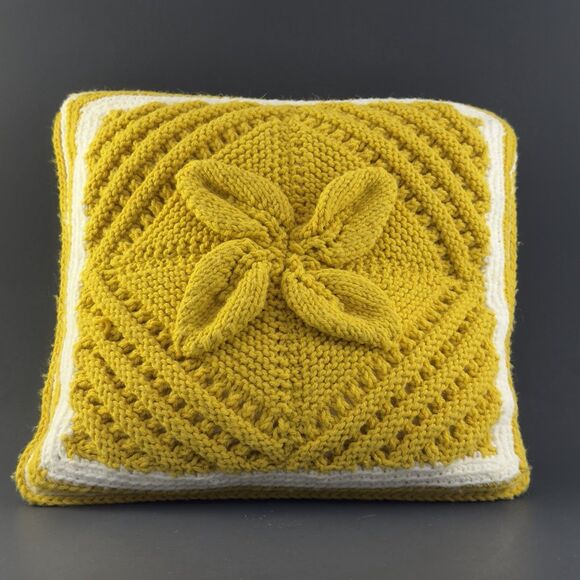 Other - Vintage MCM Crochet Granny Square Two Sided Pillow 3D Flower Yellow 12”